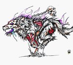 ambiguous_gender bodily_fluids bone burning colored_fire drooling feral fire flesh fur open_mouth purple_eyes purple_fire purple_tongue quadruped running saliva simple_background skull solo tongue white_background wolfdawg canid canine canis mammal undead wolf zombie 2017 traditional_media_(artwork)