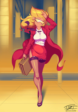 big_breasts blonde_hair bottomwear breasts briefcase clothing collared_shirt dress_shirt eyewear female footwear fur glasses hair high_heels legwear necktie shirt shoes skirt solo stockings tight_clothing topwear wind hardtones hanna-barbera swat_kats callie_briggs domestic_cat felid feline felis mammal 2017 hi_res