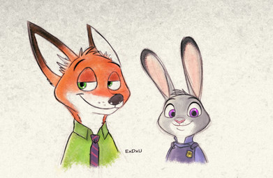 ambiguous_gender anthro clothed clothing duo fur green_eyes grey_body grey_fur head_tuft inner_ear_fluff looking_at_viewer necktie orange_body orange_fur purple_eyes shirt simple_background smile topwear tuft strawbear disney zootopia judy_hopps nick_wilde canid canine fox lagomorph leporid mammal rabbit red_fox true_fox 2015