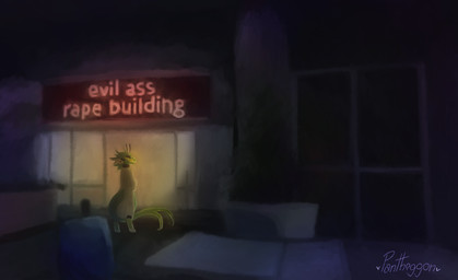 antennae_(anatomy) anthro biped clothed clothing coat compound_eyes dimly_lit ear_piercing earpiece environment female forked_tail fur hair lab_coat looking_at_another looking_at_viewer looking_back looking_back_at_viewer mall modded_content night piercing plant plant_pot potted_plant rape_mention screenshot_redraw smile solo tail text topwear unusual_anatomy unusual_tail pantheggon evil_ass_rape_building left_4_dead_(series) valve arabella_(pantheggon) alien 2026 digital_drawing_(artwork) digital_media_(artwork) digital_painting_(artwork) english_description english_text hi_res painting_(artwork) signature watermark