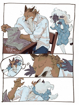 5_fingers anthro blue_bottomwear blue_clothing blue_pajama_bottoms blue_pajama_shirt blue_pajamas blue_pants blush bottomwear breasts brown_body brown_fur brown_hair chair clothed clothed_anthro clothed_female clothed_male clothing duo eyes_closed female female_anthro fingers fur furniture hair hooves kemono making_out male male_anthro medium_breasts newspaper pants reading reading_newspaper romantic romantic_couple shirt simple_background sitting sneaking snout table tail topwear white_background white_body white_clothing white_fur white_hair white_shirt white_topwear mee04 bovid canid canine caprine fox mammal sheep comic hi_res