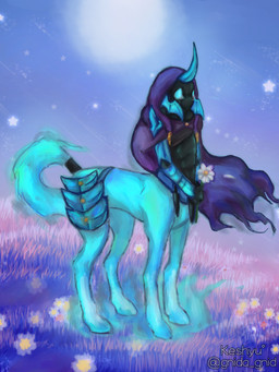 armor black_body black_clothing blue_body blue_eyes blush breastplate cape clothing flower gauntlets gloves grass handwear hooves knife male moon outside plant purple_clothing sad sky solo star tail text gnida_gnid dota european_mythology greek_mythology mythology valve valve_corporation abaddon centaur equid equid_taur ghost humanoid_taur mammal mammal_taur spirit taur 3:4 absurd_res english_text hi_res