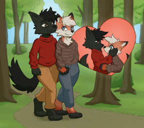 anthro barefoot black_body black_fur blue_eyes bottomwear clothing cutaway denim denim_bottomwear denim_clothing detailed_background duo eye_contact feet forest fur hand_holding heart_symbol holding_head hoodie jeans khaki_pants looking_at_another male male/male orange_body orange_fur pants plant romantic romantic_couple smile smiling_at_another smiling_at_each_other smiling_at_partner sweater tail text topwear tree walking white_body white_fur moodytail aaron_kindersley kenda canid canine canis coyote mammal maned_wolf absurd_res artist_name colored digital_media_(artwork) hi_res signature