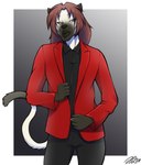 anthro clothed clothing eyelashes fully_clothed hair lips long_eyelashes long_hair male simple_background solo standing suit tail thick_lips fiercedeitylynx caroline_(fiercedeitylynx) domestic_cat felid feline felis mammal siamese 2021 hi_res signature