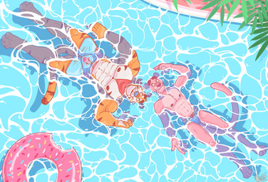 4_toes 5_fingers abs anthro anthro_on_anthro anthrofied biceps big_muscles biped bird's-eye_view blue_clothing blue_eyes blue_swimwear brown_body brown_fur brown_stripes bulge claws closed_smile clothed clothed_anthro clothed_male clothing countershade_face countershade_feet countershade_fur countershade_hands countershade_torso countershading duo eyebrows feet finger_claws fingers floating fur high-angle_view humanoid_hands kerchief larger_anthro larger_male logo looking_at_another male male/male male_anthro markings mascot mouth_closed multicolored_body multicolored_fur muscle_size_difference muscular muscular_anthro muscular_arms muscular_male navel neckerchief neckwear nipples orange_body orange_fur partially_submerged pecs pink_body pink_fur pool_toy red_kerchief red_neckerchief size_difference smaller_anthro smaller_male smile smiling_at_another striped_arms striped_body striped_fur striped_legs striped_markings striped_tail stripes swimming swimming_pool swimming_trunks swimwear swimwear_only tail tail_markings text thick_eyebrows toe_claws toes topless topless_anthro topless_male water whiskers white_body white_countershading white_fur yellow_sclera almasy frosted_flakes kellogg's pink_panther_(series) pink_panther tony_the_tiger felid mammal pantherine tiger artist_logo artist_name crossover digital_drawing_(artwork) digital_media_(artwork) hi_res shaded