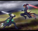 3_tails anthro battle clothed clothing dual_wielding duo green_lightsaber holding_object holding_weapon jedi lightsaber male male/male melee_weapon multi_tail red_lightsaber tail text weapon white_lightsaber rexwind star_wars canid canine canis cheetah felid feline mammal wolf digital_media_(artwork) url