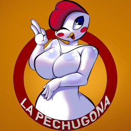 anthro avian_caruncle big_breasts black_eyes blush breasts comb_(anatomy) featureless_breasts female head_crest non-mammal_breasts one_eye_closed open_mouth solo text white_body wide_hips nyf0x la_pechugona avian bird chicken galliform phasianid 1:1 hi_res spanish_text