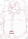 anthro blush clothing cute_fangs erection fangs genitals humanoid_genitalia humanoid_penis kemono lying male overweight overweight_anthro overweight_male penis pillow shirt solo teeth topwear ryuta-h bear mammal censored