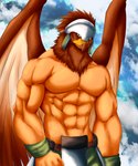 abs anthro armor beak biceps big_muscles biped brown_body brown_feathers clothed clothing cloud feathers headgear headwear male muscular muscular_anthro muscular_male pecs sky solo tan_body tan_skin topless topless_male wings chibikoma sega shining_(sega) shining_force barbaroi_(shining) avian bird humanoid hybrid 2022 absurd_res digital_drawing_(artwork) digital_media_(artwork) half-length_portrait hi_res portrait