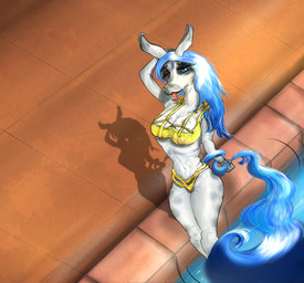 anthro big_breasts bikini blush breasts cleavage clothed clothing female poolside smile solo swimwear tail tongue tongue_out two-piece_swimsuit paraponypaints equid equine horse mammal
