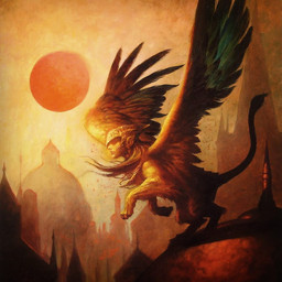 ambiguous_gender armor building city feathered_wings feathers fur headgear helmet outside ravnica solo sun tail tower wings greg_staples hasbro magic:_the_gathering mythology wizards_of_the_coast isperia ambient_bird felid mammal mythological_creature mythological_sphinx 1:1 2006 official_art female_(lore)
