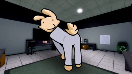 3_eyes ambiguous/ambiguous ambiguous_gender anomaly_(animal_hospital) anthro butt clothed clothing duo fully_clothed grey_clothing humor make_it_move_(song) multi_eye pointy_ears prick_ears rabbit_ears red_eyes screencap screencap_background scut_tail shaking_butt short_tail smile soulless_eyes tail twerking whycuzweplayingbendy animal_hospital roblox intern_(animal_hospital) domestic_cat felid feline felis lagomorph leporid mammal rabbit 2d_animation animated frame_by_frame low_res motion_tweening short_playtime sound video