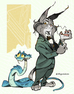 anthro blue_body blue_scales clothing duo feral fur grey_body grey_fur male nervous paws scales suit zlayameduza disney zootopia gary_de'snake pawbert_lynxley canada_lynx felid feline lynx mammal pit_viper reptile scalie snake viper hi_res