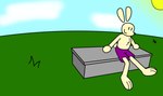 anthro big_feet bottomwear buckteeth chest_tuft clothing feet floating_ears happy looking_at_viewer male purple_clothing shorts simple_coloring simple_eyes simple_face sitting solo surprised_expression swinging_legs tail tail_motion tailwag teeth tuft swift_bristle jay_jay_the_lucky_rabbit jason_burrow lagomorph leporid mammal rabbit animated short_playtime