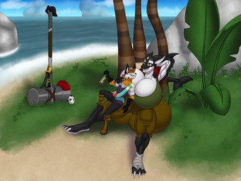alcohol anthro beverage big_breasts big_butt breasts butt duo female huge_breasts huge_butt island male muscular pirate relaxing sea water darkshasion_(artist) mamma_orca pirate_foxy_(piratefox1999) aquatic canid canine cetacean dolphin fox mammal oceanic_dolphin orca toothed_whale hi_res
