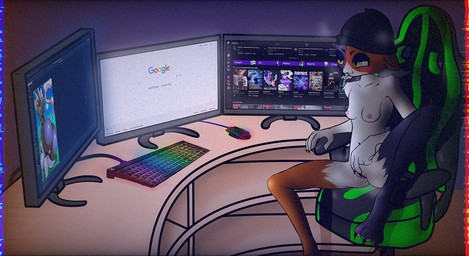 anthro areola beanie black_beanie black_clothing black_hat black_headwear breasts cat_smile clothing computer_mouse ears_down electronics eyelashes feet female front_view fur gaming_chair genitals hat hat_only headgear headgear_only headwear headwear_only keyboard masturbation monitor mostly_nude navel nipples nude orange_body orange_fur pink_areola pink_nipples pivoted_ears purple_body purple_fur sitting small_breasts solo vulva white_body white_fur yellow_eyes 1dr_incognito e621 epic_games fortnite google twitch.tv meow_skulls domestic_cat felid feline felis mammal hi_res