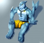 abs anthro biceps biped blue_body blue_skin bottomwear chain clothed clothing feet male muscular muscular_anthro muscular_male pecs shorts simple_background sitting smile solo topless vein white_body white_skin yellow_eyes nuroi fish marine shark