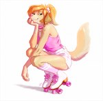 alternative_fashion anthro blonde_hair bottomwear chest_tuft clothed clothing collar crouching ear_piercing female floppy_ears footwear fully_clothed fur green_eyes hair j-fashion piercing pink_clothing pink_nose ponytail quad_skates roller_skates shirt shorts simple_background slim_anthro slim_female socks solo tan_body tan_fur tank_top topwear tuft white_background thelupinprincess bird_dog canid canine canis domestic_dog golden_retriever hunting_dog mammal retriever 2024 hi_res