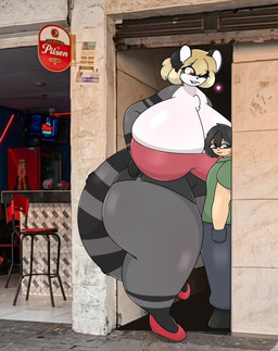 big_breasts breasts duo female huge_breasts male male/female prostitution size_difference smaller_male tubfy a_chance_encounter human mammal procyonid raccoon hi_res meme