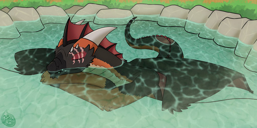 anthro black_body black_scales eye_scar eyes_closed facial_scar horn hot_spring male orange_body orange_scales pawpads red_body red_pawpads red_scales red_soles scales scar sleeping swimming_pool tail water wings hydez mythology ra'zim dragon mythological_creature mythological_scalie scaled_dragon scalie 2026 2:1 hi_res