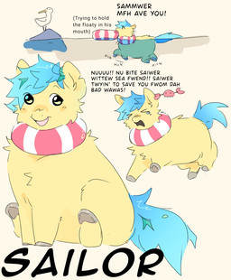 ambiguous_feral ambiguous_gender blue_hair blue_tail blush bodily_fluids crying feral fur grey_hooves hair hooves life_ring open_mouth open_smile partially_submerged rock sitting smile swim_ring swimming tail tears text yellow_body yellow_fur lizzyhp fluffy_pony sailor_(lizzyhp) ambient_bird arthropod crab crustacean decapod fluffy_pony_(species) malacostracan mammal 2024 broken_language character_name digital_drawing_(artwork) digital_media_(artwork) english_text