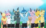 5_fingers angry anthro anthrofied black_body black_fur blue_body blue_eyes blue_fur bottomwear brother_(lore) brothers_(lore) brown_body brown_fur bulge canid canine clothed clothing eevee eeveelution elemental_creature espeon evolutionary_family eyes_closed fingers fist flareon flora_fauna fur generation_1_pokemon generation_2_pokemon generation_4_pokemon generation_6_pokemon glaceon group hand_on_head hi_res jolteon leafeon littlerager male mammal marine navel nintendo orange_body orange_eyes orange_fur plant pokemon pokemon_(species) pokemorph purple_body purple_eyes purple_fur red_eyes shorts sibling_(lore) simple_background standing sylveon tail topless umbreon vaporeon yellow_body yellow_fur young young_anthro