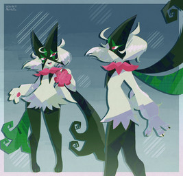 ambiguous_gender anthro claws fangs featureless_crotch green_body green_hair hair open_mouth pawpads paws pink_eyes simple_background solo teeth tongue mrh2o2 nintendo pokemon felid feline generation_9_pokemon mammal meowscarada pokemon_(species) 2025 dated hi_res signature