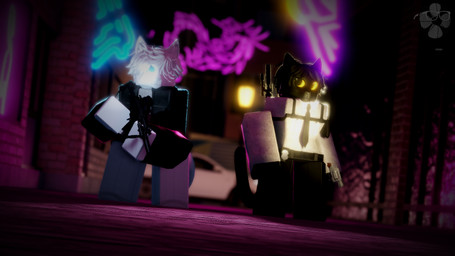 alley anthro black_body black_fur blue_eyes city city_background clothing duo female fur gun handgun holding_gun holding_object holding_ranged_weapon holding_weapon male neon_lights neon_sign office_clothing police police_badge police_uniform ranged_weapon revolver sign standing submachine_gun uniform weapon white_body white_fur yellow_eyes deskssks dullanboi_real_(modeler) roblox kiran_mann ming_yuechen canid canine felid feline mammal robloxian 3d_(artwork) digital_media_(artwork) hi_res watermark