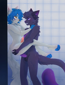 animal_genitalia animal_penis anthro bathing blue_hair duo feet feline_genitalia feline_penis full_render full_scene fur genitals grey_body grey_fur hair male male/male ozyrune penis pink_penis purple_body purple_eyes purple_fur purple_hair purple_penis sex shower shower_room shower_sex showering showering_together yellow_eyes ozymare canid canine domestic_cat felid feline felis fox mammal absurd_res hi_res