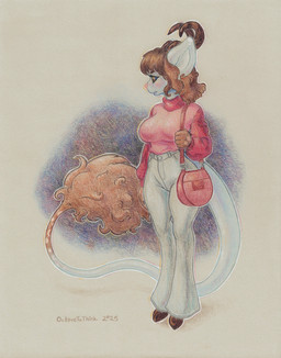 anthro antlers bangs bell-bottoms big_breasts big_tuft blue_body bottomwear breasts brown_eyes brown_hair claws clothed clothed_female clothing curly_hair dark_sclera denim denim_bottomwear denim_clothing eyelashes female fluffy fluffy_tail fully_clothed fully_clothed_female gradient_body hair hooves horn jeans long_tail looking_aside markings multicolored_hair neutral_expression pants pink_nose purse solo spots spotted_markings standing sweater tail tail_tuft thick_thighs topwear tuft turtleneck two_tone_hair wood conditional_dnp octavetothink shelce_(octavetothink) hybrid mammal unknown_species 2025 absurd_res colored_pencil_(artwork) full-length_portrait hi_res portrait traditional_media_(artwork)