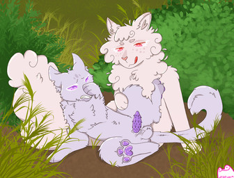 age_difference albino ambiguous_gender animal_genitalia animal_penis balls cheek_tuft claws clenched_teeth covering covering_face dirt dominant duo embarrassed eyelashes facial_tuft feet female feral feral_with_hair fluffy fluffy_tail freckled_face freckles fur genitals grass grey_body grey_fur hair larger_dom larger_female licking licking_lips logo male male/female neck_tuft outside pawpads paws penile_spines penis pink_eyes pink_nose plant poofy_hair purple_body purple_eyes purple_pawpads purple_penis purple_skin questionable_consent shrub sitting sitting_on_ground size_difference spread_legs spread_toes spreading tail teeth text toe_claws toes tongue tongue_out tuft white_body white_eyelashes white_fur whitefroggim pixel_cat's_end domestic_cat felid feline felis mammal artist_logo artist_name