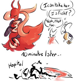 antennae_(anatomy) anthro biped black_body black_eyes cloak clothing damaged_clothing defeated dialogue empty_eyes eyes_closed female group lying mouthless on_front red_body red_cloak red_clothing size_difference speech_bubble spelling_error talking_to_another text time_skip trio white_body fernshawart hollow_knight:_silksong hollow_knight_(franchise) instant_loss_2koma team_cherry hornet_(hollow_knight) shakra_(hollow_knight:_silksong) skarrsinger_karmelita arthropod skarr 2025 comic digital_drawing_(artwork) digital_media_(artwork) english_description english_text meme multiple_scenes