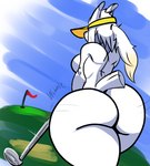 anthro big_butt breasts butt clothing female flag golf_club hat headgear headwear holding_golf_club huge_butt nude solo thick_thighs visor_cap jeffron sunni_(jeffron) bovid caprine goat mammal