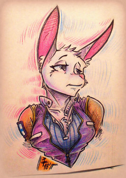 anthro big_ears breasts clothing female fur pink_nose solo white_body white_fur marumytami stories_of_the_few ada_(liebro) hare lagomorph leporid mammal 2018 hi_res traditional_media_(artwork)
