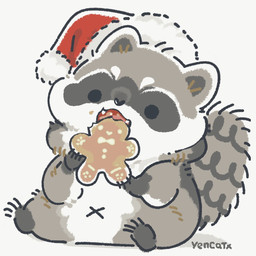 black_eyes black_nose chibi christmas_clothing christmas_headwear clothing cooking dot_eyes eating feral grey_body hat headgear headwear holidays navel santa_hat simple_eyes sitting slightly_chubby solo white_body x_navel yencatx christmas mammal procyonid raccoon 1:1 2021