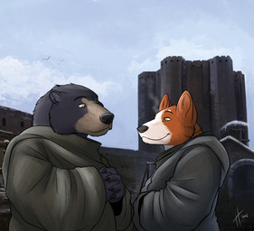 anthro black_nose brown_eyes castle claws clothed clothing day duo finger_claws fur male male_anthro mouth_closed orange_body orange_eyes orange_fur outside robe white_body white_fur hufnaar ambient_bird bear mammal 2016 dated signature