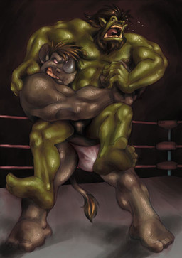 abs anthro bear_hug beard biceps big_muscles bodily_fluids brown_hair bulge clenched_teeth clothing duo facial_hair fight fighting_ring hair horn male muscular muscular_male nipples pecs plantigrade sweat tail tail_tuft teeth tuft tusks underwear wrestling captaingerbear humanoid mammal orc rhinoceros