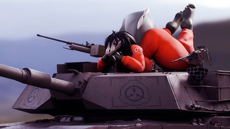 anthro ass_up barefoot black_hair blurred_background bodysuit bone breasts claws clothing emblem feet female gun hair long_hair lying machine_gun military military_vehicle non-mammal_breasts on_front orange_clothing orange_jumpsuit outside prison_uniform purple_eyes ranged_weapon skinsuit skull skull_head solo spikes spikes_(anatomy) tank_(vehicle) thick_thighs tight_clothing vehicle weapon thenicedragon da.nilkaz_(modeler) scp_foundation scp-682 scp-682_(da.nilkaz) monster reptile scalie 16:9 3d_(artwork) digital_media_(artwork) hi_res widescreen
