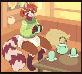 4_toes 5_fingers accessory anthro beverage big_diaper black_border border brown_body brown_fur brown_inner_ear brown_nose clean_diaper clothed clothing container cup detailed_background diaper feet female fingers fur furniture gloves_(marking) green_clothing green_sweater green_topwear hair hair_accessory hair_bun hair_tie holding_beverage holding_container holding_cup holding_object leg_markings markings multicolored_body multicolored_fur on_sofa orange_hair pillow plate pottery red_body red_fur red_tail ring_(marking) ringed_tail shelf sitting smile snaggle_tooth socks_(marking) sofa solo striped_markings striped_tail stripes sweater table tail tail_markings tan_body tan_ears tan_fur tan_tail tea_cup teapot toes topwear two_tone_tail wearing_diaper wetness_indicator wood wood_furniture wood_table bubblepuppers marquis_ren_ikari_(auggiepup) ailurid mammal red_panda full-length_portrait portrait