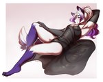 anthro armwear biped bulge clothed clothing crossdressing dress elbow_gloves femboy fur gloves hand_behind_head handwear highlights_(coloring) male male_anthro paws pose purple_body purple_fur purple_highlights solo white_body white_fur rogbiejoke akukun canid canine fox mammal digital_media_(artwork) hi_res pinup sketch