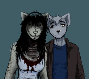 anthro black_hair blood blood_on_clothing bodily_fluids clothed clothing costume duo female fur grey_body grey_fur hair looking_at_viewer male male/female romantic romantic_couple simple_background smile hladilnik carol_(hladilnik) daniel_(hladilnik) canid canine canis domestic_dog ghost mammal spirit wolf 2021 hi_res