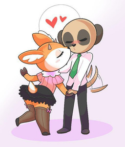 anthro blush bottomwear chibi clothed clothing daww duo eyes_closed female fully_clothed garter_straps hand_holding heart_symbol horn kissing legwear male male/female romantic romantic_ambiance romantic_couple skirt stockings tail tail_motion tailwag thick_thighs onigiri_punch aggretsuko sanrio chief_komiya tsunoda_(aggretsuko) antelope bovid gazelle herpestid mammal meerkat thomson's_gazelle true_antelope