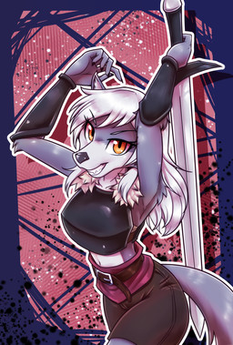 anthro armor belt bottomwear breastplate clothing female fur fur_collar greatsword grey_body grey_fur grey_hair grin hair melee_weapon orange_eyes sash shorts smile solo sword vambrace weapon gndthr323 kiruss canid canine canis mammal wolf hi_res