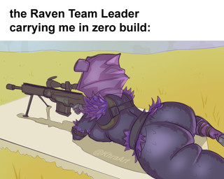 anthro big_butt bubble_butt butt distracted female gun oblivious pose ranged_weapon rifle shadow_face shitpost sniper_rifle solo tailless text thick_thighs weapon khraart epic_games fortnite fortnite:_battle_royale raven_team_leader bear mammal english_text hi_res meme