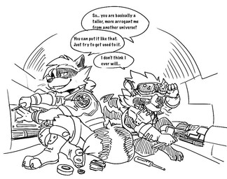 anthro clothing crop_top duo engineer_(profession) eyewear fluffy goggles hair male mechanic midriff multiverse ponytail shirt smile smirk smug text topwear fox_cosmor guardians_of_the_galaxy marvel rocket_raccoon mammal procyonid raccoon english_text monochrome