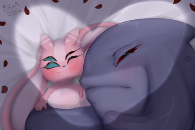 4_eyes anthro bed blush canon_x_oc chest_tuft duo eyes_closed female fur furniture heart_(marking) heart_spotlight kiss_mark logo long_ears lying male male/female markings multi_eye on_back one_eye_closed petals pink_body pink_fur rose_petals size_difference sleeping small_nose smile teal_eyes teal_nose text tuft akumasinner disney lilo_and_stitch fan_character gantu x_(akumasinner) alien experiment_(lilo_and_stitch) lagomorph mammal 2025 3:2 artist_logo artist_name digital_drawing_(artwork) digital_media_(artwork) hi_res