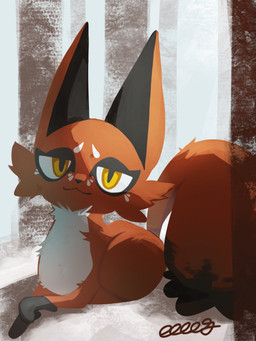 ambiguous_gender cheek_tuft chest_tuft facial_tuft feral fur head_tilt loaf looking_at_viewer lying lying_on_ground on_front on_ground orange_body orange_fur solo tail tuft yellow_eyes eeeeg nintendo pokemon canid canine generation_8_pokemon mammal nickit pokemon_(species) 2026 3:4 hi_res signature