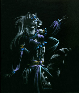 anthro black_background bottomwear clothing dancing dark female jewelry loincloth night simple_background solo tail heather_bruton genet mammal viverrid 2007