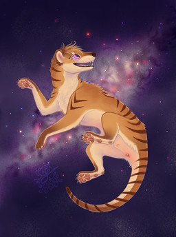 4_toes 5_fingers anatomically_correct anatomically_correct_anus anatomically_correct_feet anatomically_correct_genitalia anatomically_correct_vulva animal_genitalia animal_vulva anus arm_markings arm_tuft back_markings back_tuft brown_body brown_claws brown_ears brown_feet brown_fur brown_hair brown_hands brown_markings brown_nose brown_paws brown_tail brown_tuft chest_tuft chevron_(marking) claws cosmic_background countershade_arms countershade_body countershade_face countershade_feet countershade_fur countershade_hands countershade_legs countershade_neck countershade_paws countershade_torso countershading detailed_background digitigrade elbow_tuft eye_markings eye_spot eyebrows eyebrows_(marking) eyelashes feet female female_feral feral finger_claws fingers floating fur fur_markings furry_tail genitals glowing glowing_eyes gradient_hair hair head_markings hindpaw in_space inner_ear_fluff leg_tuft looking_away looking_up markings marsupial_genitalia marsupial_vulva monotone_anus monotone_inner_ear monotone_markings multicolored_body multicolored_eyes multicolored_fur neck_markings occipital_markings open_mouth open_smile outline pawpads paws pink_anus pink_eyes pink_inner_ear pink_pawpads pink_tongue pink_vulva pouch_(anatomy) pseudo_cloaca purple_eyes quadruped raised_arm sharp_teeth short_hair side_view smile solo star striped_markings striped_tail stripes tail tail_markings tan_body tan_eyebrows tan_feet tan_fur tan_hands tan_inner_ear_fluff tan_paws tan_tail teeth thick_tail thigh_tuft toe_claws toes tongue tuft two_tone_body two_tone_eyes two_tone_feet two_tone_fur two_tone_hands two_tone_paws two_tone_tail vulva whisker_spots whiskers yellow_sclera zero_gravity cloudweaver_(artist) zera_minanya dasyuromorph mammal marsupial recently_extinct_species thylacine 2025 absurd_res colored_sketch digital_media_(artwork) digital_painting_(artwork) full-length_portrait hi_res painting_(artwork) portrait shaded signature sketch smaller_version_at_source wallpaper watermark