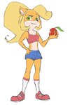 anthro blonde_hair bottomwear bra clothed clothing crash female food footwear fruit fully_clothed fur green_eyes hair holding_object midriff navel orange_body orange_fur plant shoes shorts sneakers socks solo sports_bra underwear wumpa_fruit kitsune2000 activision crash_bandicoot_(series) coco_bandicoot bandicoot mammal marsupial 2021 2:3